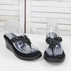 Skechers Jeweled Wedge Heel Thong Sandals Black 7